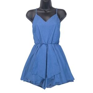 Vtg Denim Spaghetti Strap Romper Sz M V-Neck‎ Skort Blue USA Y2K 90s Festival